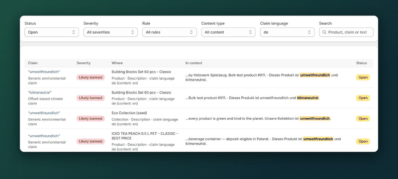 List of flagged green claims with the matching text highlighted