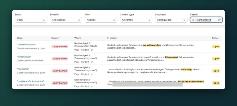 German and Polish product texts with flagged eco claims