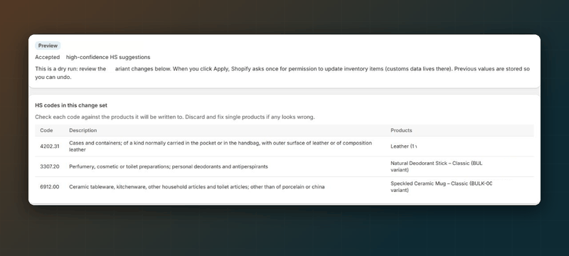 Dry-run preview of customs data changes before they are written